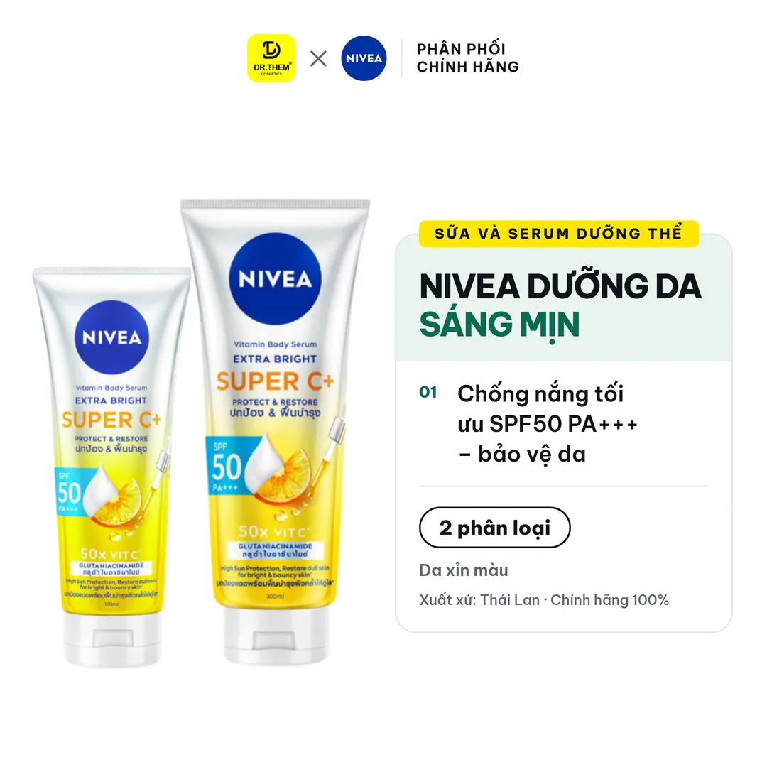 Sữa Dưỡng Thể Chống Nắng Nivea Vitamin Super C+ SPF50 PA+++ Dưỡng Sáng Ngừa Thâm Sạm Cho Toàn Thân 170ml/300ml
