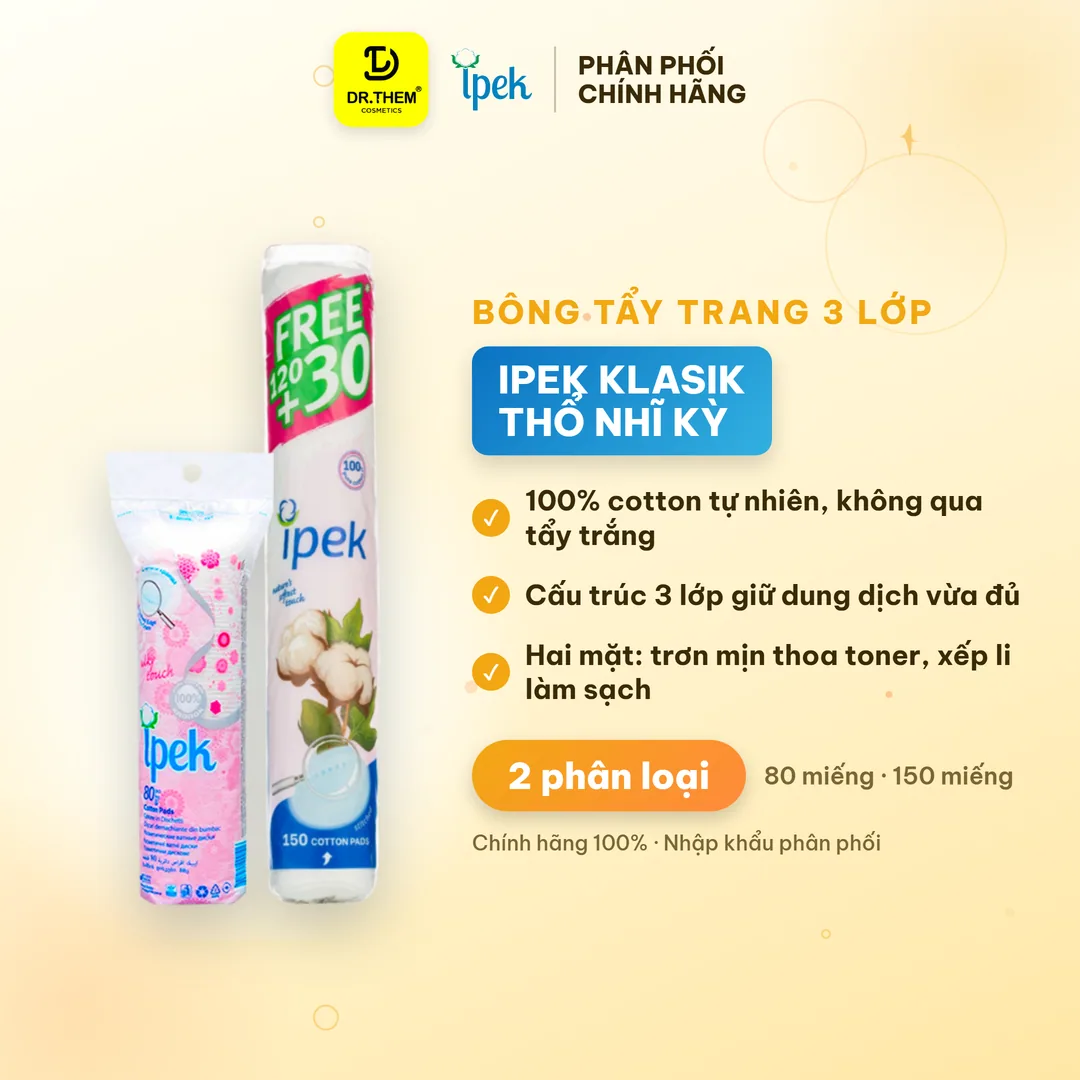 Bông Tẩy Trang Ipek Klasik Cotton Pads 3 Lớp 100% Cotton Tự Nhiên Mềm Mịn Cho Mọi Loại Da 150 Miếng