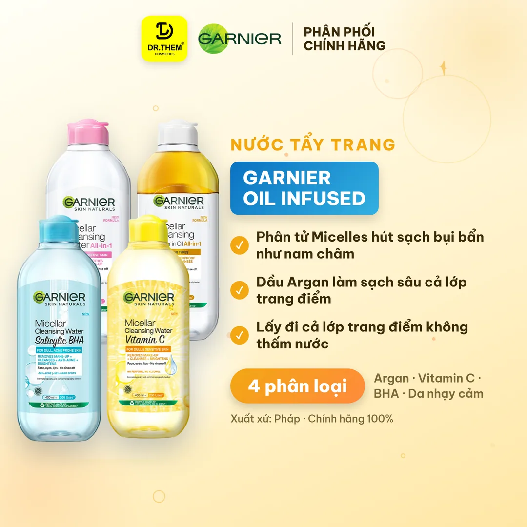 Nước Tẩy Trang Garnier Micellar Cleansing Water Làm Sạch Sâu Dịu Nhẹ 3 Trong 1 Cho Mọi Loại Da 50ml/400ml
