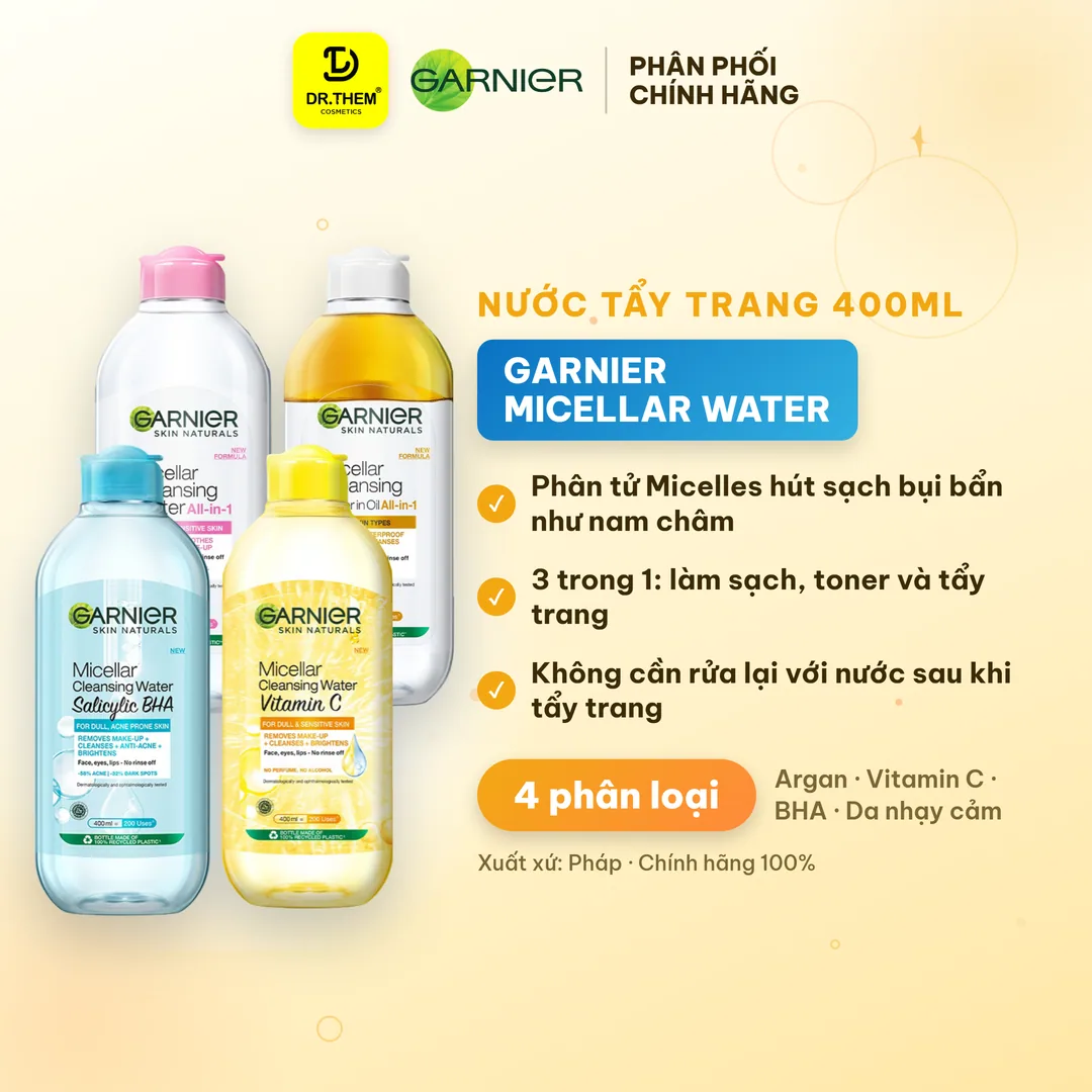 Nước Tẩy Trang Garnier Micellar Cleansing Water Làm Sạch Sâu Dịu Nhẹ 3 Trong 1 Cho Mọi Loại Da 50ml/400ml