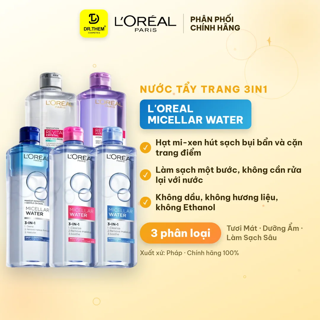 Nước Tẩy Trang L'Oreal Paris 3in1 Micellar Water Làm Sạch Sâu Dưỡng Ẩm Dịu Nhẹ Cho Mọi Loại Da 95ml/400ml