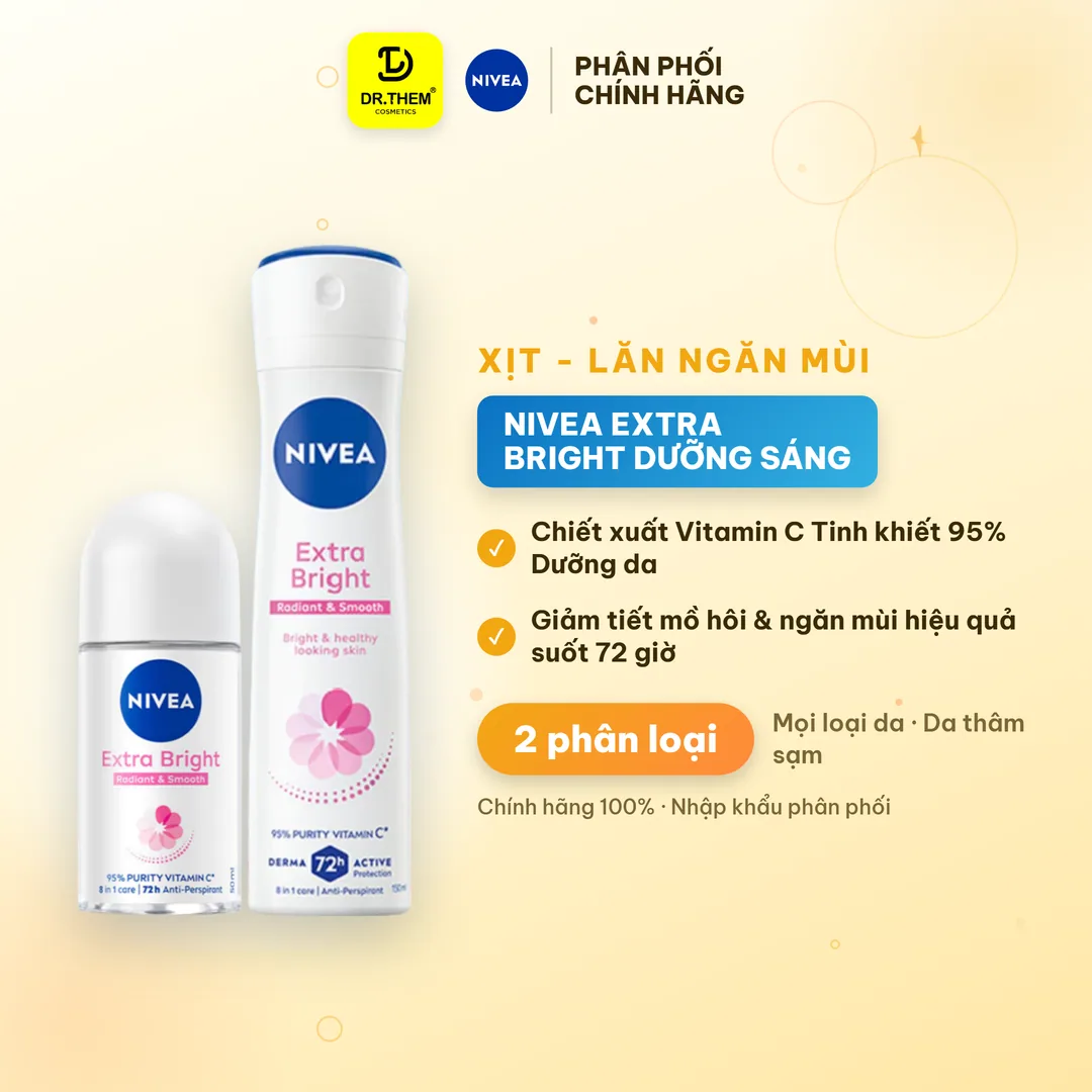 Xịt Lăn Ngăn Mùi Nivea Extra Bright Vitamin C Dưỡng Sáng Mịn Hỗ Trợ Giảm Thâm Sạm Ngăn Mùi 72 Giờ 50ml/150ml