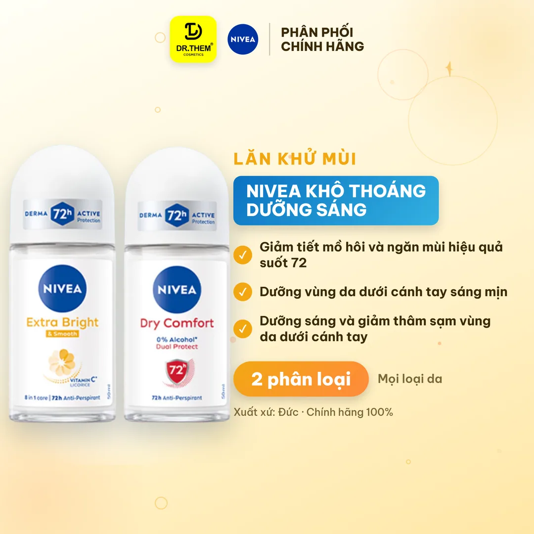 Lăn Khử Mùi Nivea Extra Bright Smooth Và Dry Comfort Ngăn Mồ Hôi 72 Giờ Dưỡng Sáng Vùng Da Dưới Cánh Tay 50ml