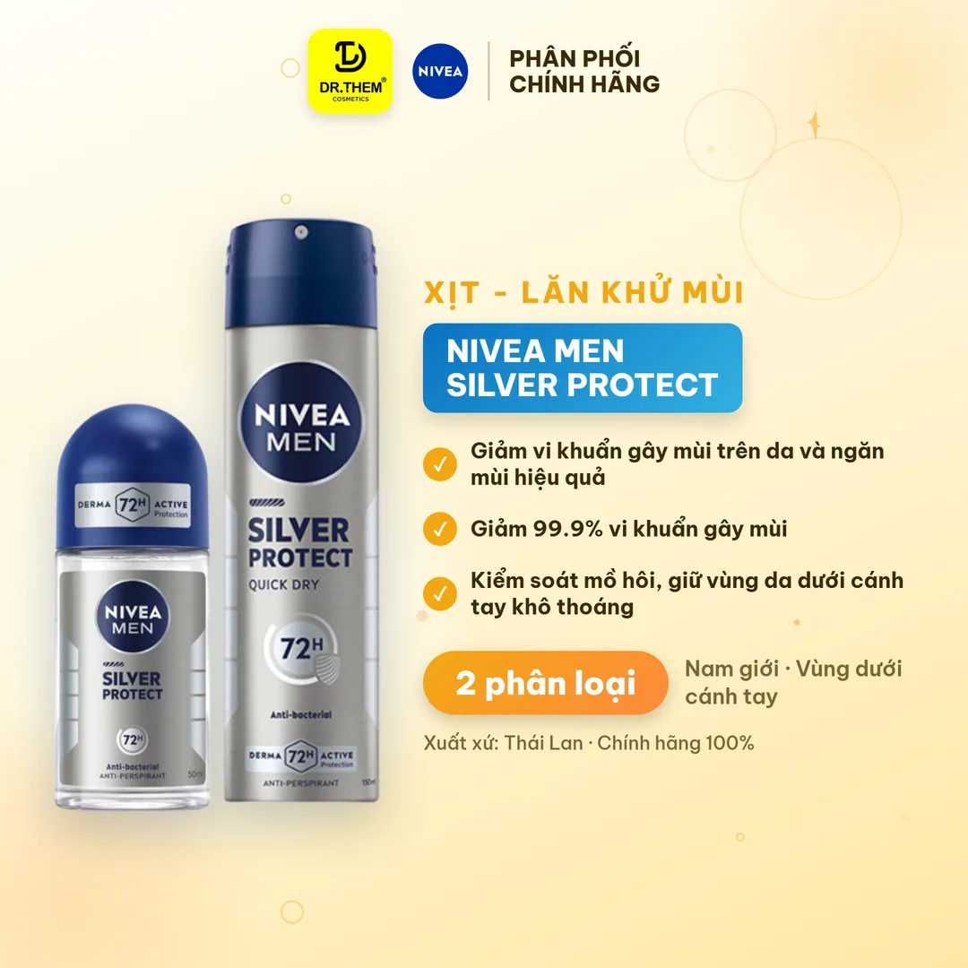 Khử Mùi Nivea Men Silver Protect Phân Tử Bạc Ngăn Khuẩn Gây Mùi Khô Thoáng Cả Ngày Cho Nam Xịt 150ml Lăn 50ml