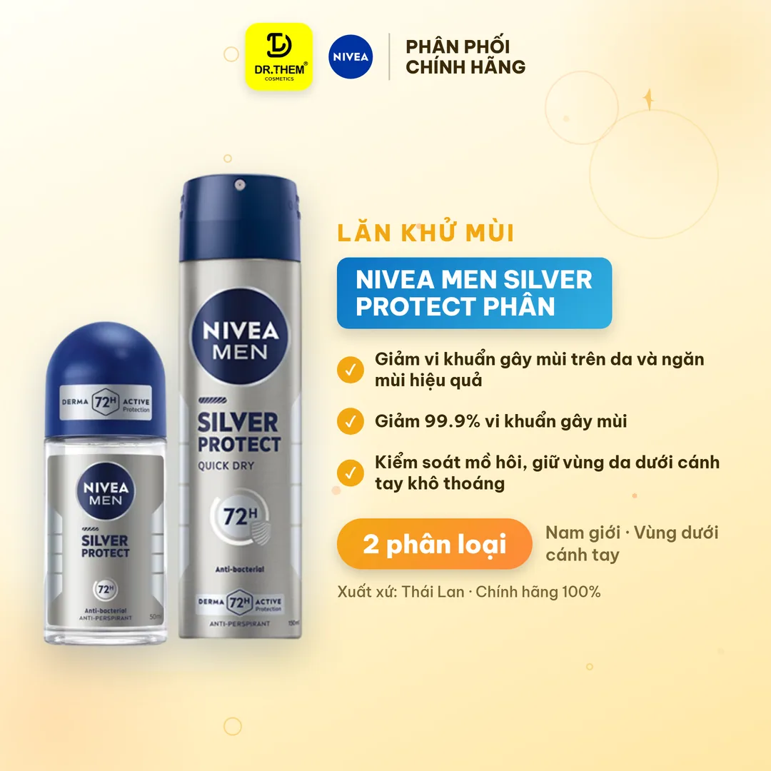Khử Mùi Nivea Men Silver Protect Phân Tử Bạc Ngăn Khuẩn Gây Mùi Khô Thoáng Cả Ngày Cho Nam Xịt 150ml Lăn 50ml