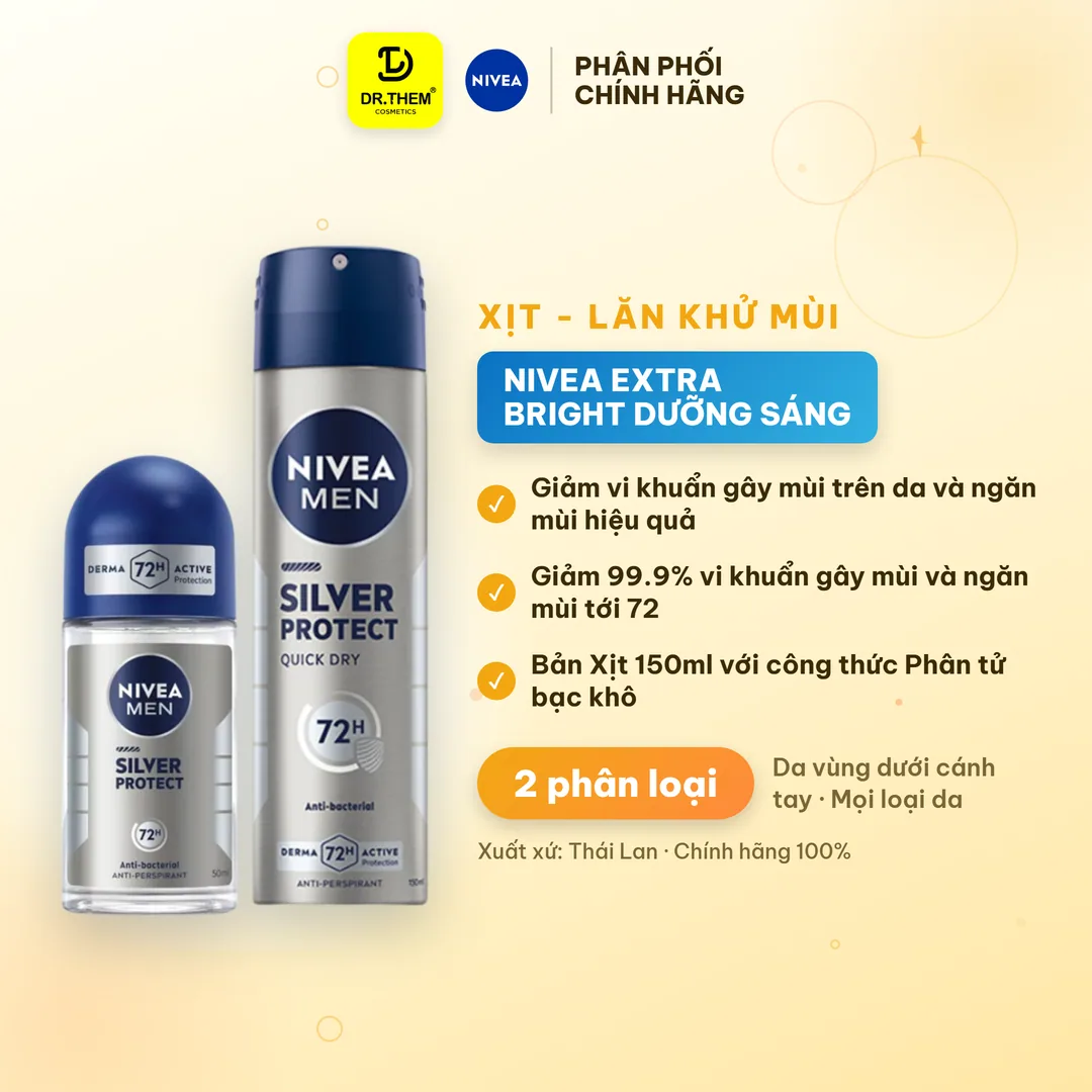Khử Mùi Nivea Men Silver Protect Phân Tử Bạc Ngăn Khuẩn Gây Mùi Khô Thoáng Cả Ngày Cho Nam Xịt 150ml Lăn 50ml