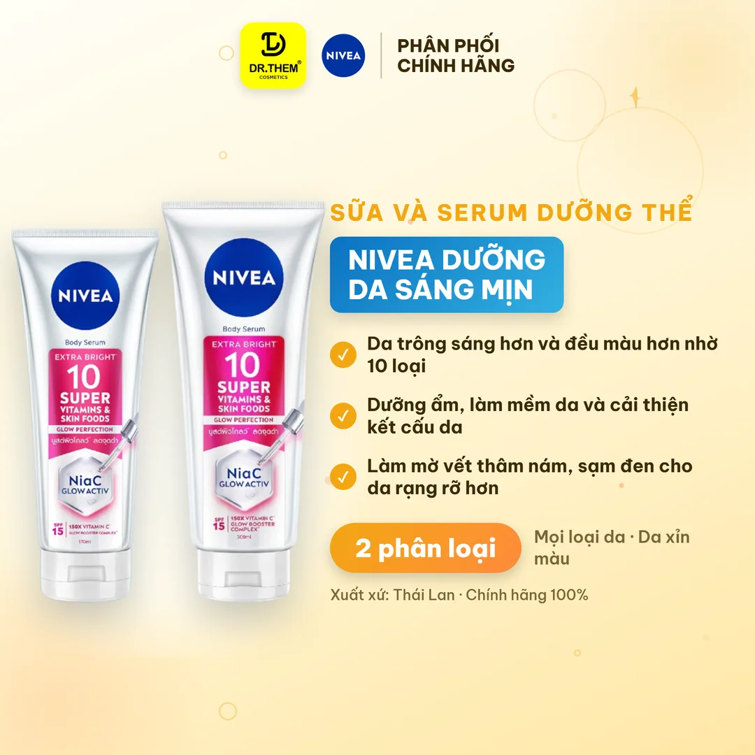 Serum Dưỡng Thể Nivea 10 Super Vitamins & Skin Foods Dưỡng Sáng Da Hỗ Trợ Mờ Thâm SPF15 Cho Mọi Loại Da 170ml 300ml