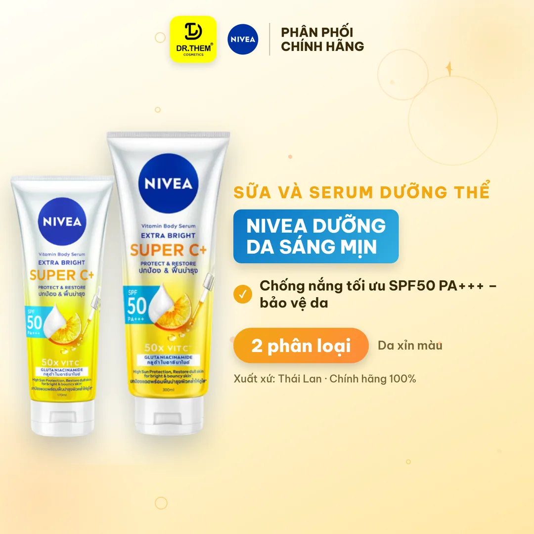 Sữa Dưỡng Thể Chống Nắng Nivea Vitamin Super C+ SPF50 PA+++ Dưỡng Sáng Ngừa Thâm Sạm Cho Toàn Thân 170ml/300ml