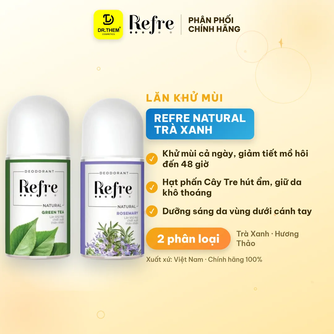 Lăn Khử Mùi Refre Natural Chiết Xuất Thiên Nhiên Khử Mùi Giảm Tiết Mồ Hôi 48H Dịu Nhẹ Không Cồn 40ml