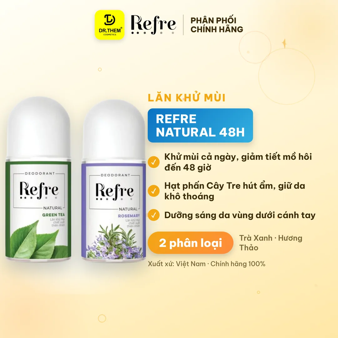 Lăn Khử Mùi Refre Natural Chiết Xuất Thiên Nhiên Khử Mùi Giảm Tiết Mồ Hôi 48H Dịu Nhẹ Không Cồn 40ml