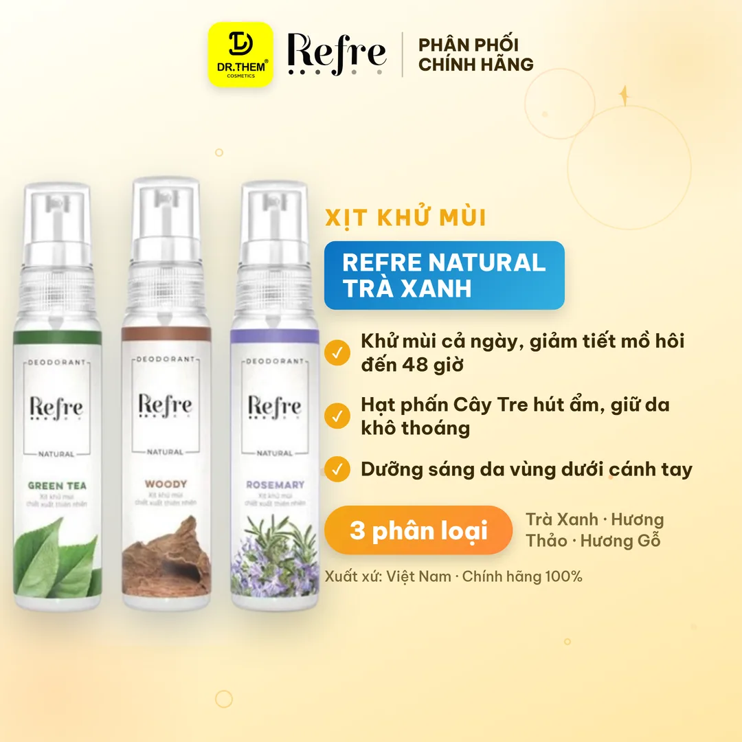 Xịt Khử Mùi Refre Natural Chiết Xuất Thiên Nhiên Khử Mùi Giảm Tiết Mồ Hôi 48H Không Cồn Không Paraben 30ml