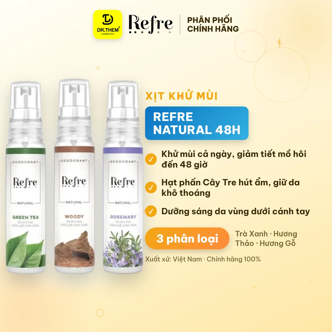 Xịt Khử Mùi Refre Natural Chiết Xuất Thiên Nhiên Khử Mùi Giảm Tiết Mồ Hôi 48H Không Cồn Không Paraben 30ml