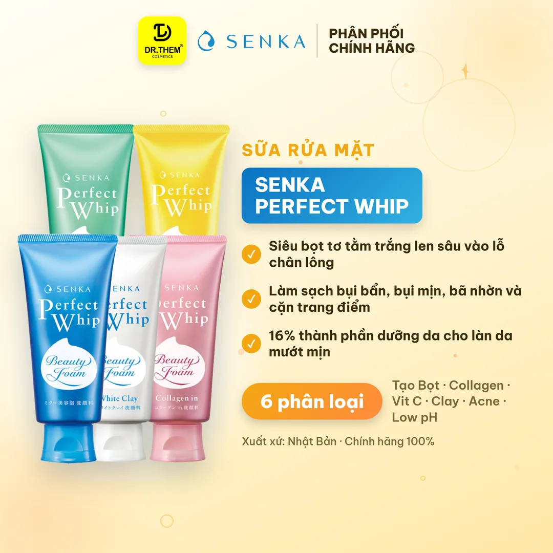 Sữa Rửa Mặt Senka Perfect Whip Facial Foam Wash Tạo Bọt Tơ Tằm Trắng Làm Sạch Sâu Dưỡng Ẩm 100g 120g