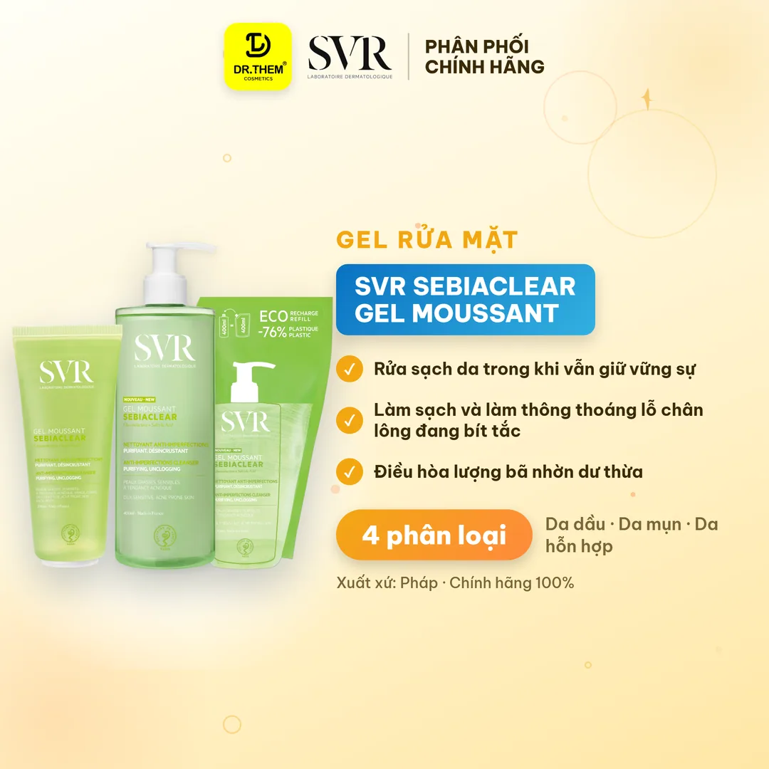 Gel Rửa Mặt SVR Sebiaclear Gel Moussant Không Xà Phòng Hỗ Trợ Giảm Mụn Kiềm Dầu Cho Da Dầu 55ml 200ml 400ml