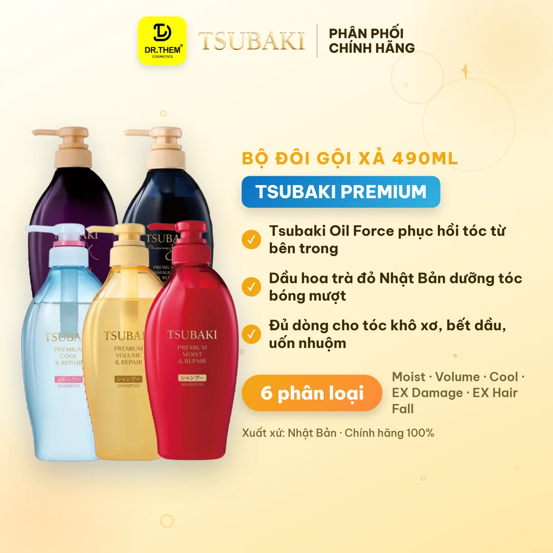 Bộ Đôi Gội Xả Tsubaki Premium Repair Phục Hồi Hư Tổn Chuyên Sâu Dưỡng Tóc Suôn Mượt Bóng Khỏe 490ml/Chai