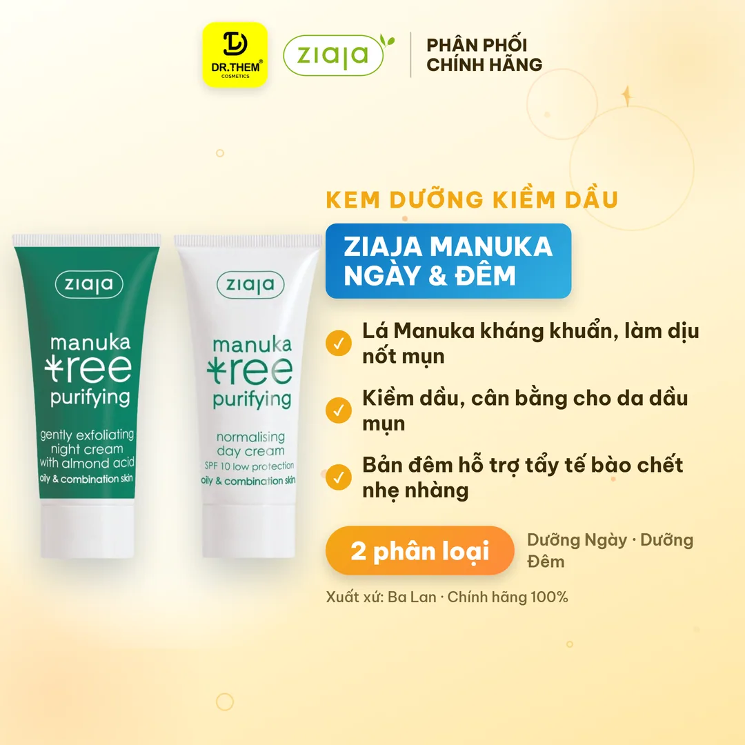 Kem Dưỡng Ziaja Manuka Tree Purifying Normalising Kiềm Dầu Cân Bằng Ngày Đêm Cho Da Dầu Mụn 50ml