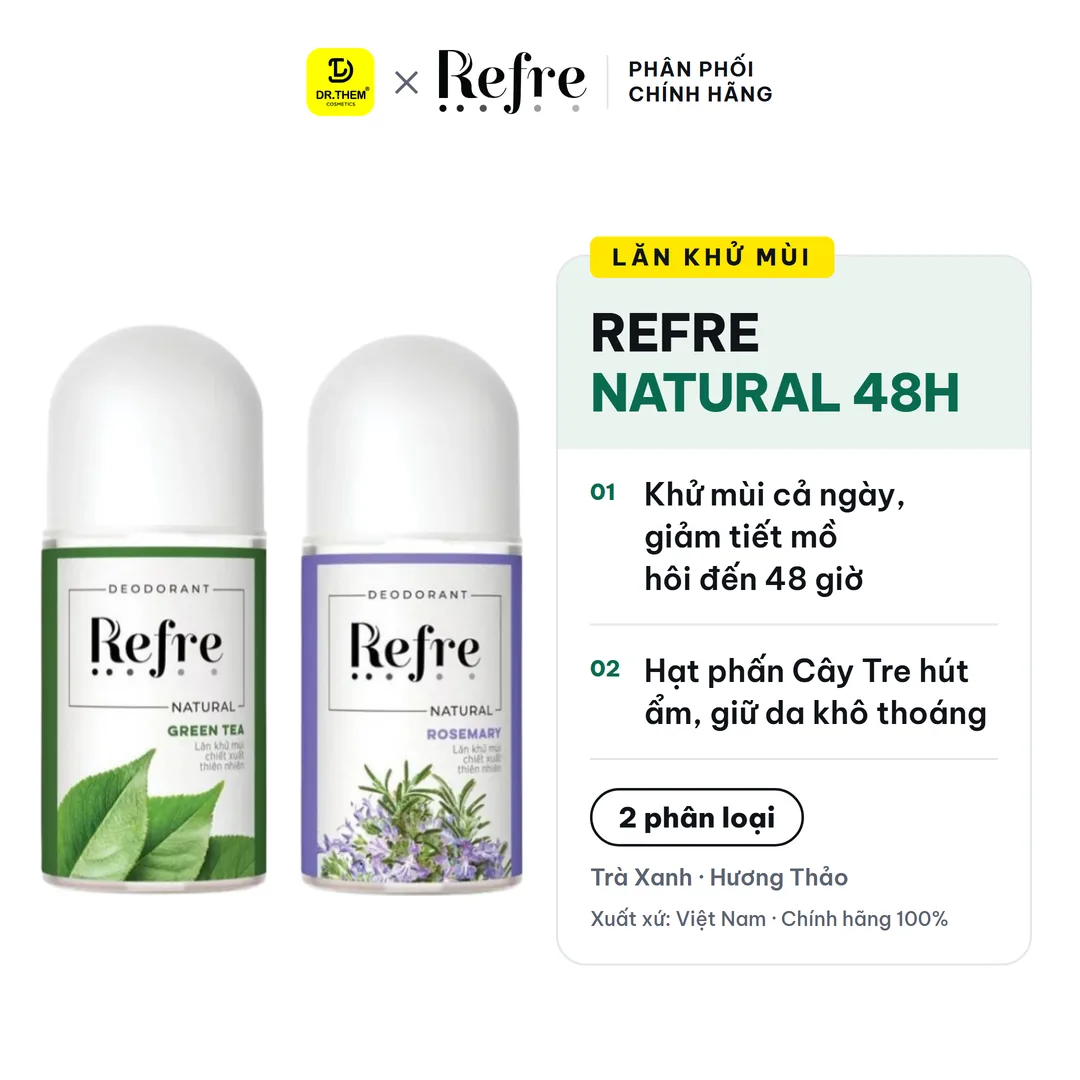 Lăn Khử Mùi Refre Natural Chiết Xuất Thiên Nhiên Khử Mùi Giảm Tiết Mồ Hôi 48H Dịu Nhẹ Không Cồn 40ml