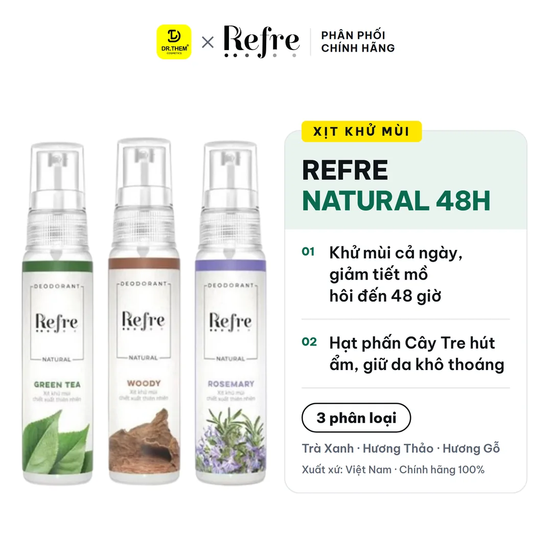 Xịt Khử Mùi Refre Natural Chiết Xuất Thiên Nhiên Khử Mùi Giảm Tiết Mồ Hôi 48H Không Cồn Không Paraben 30ml