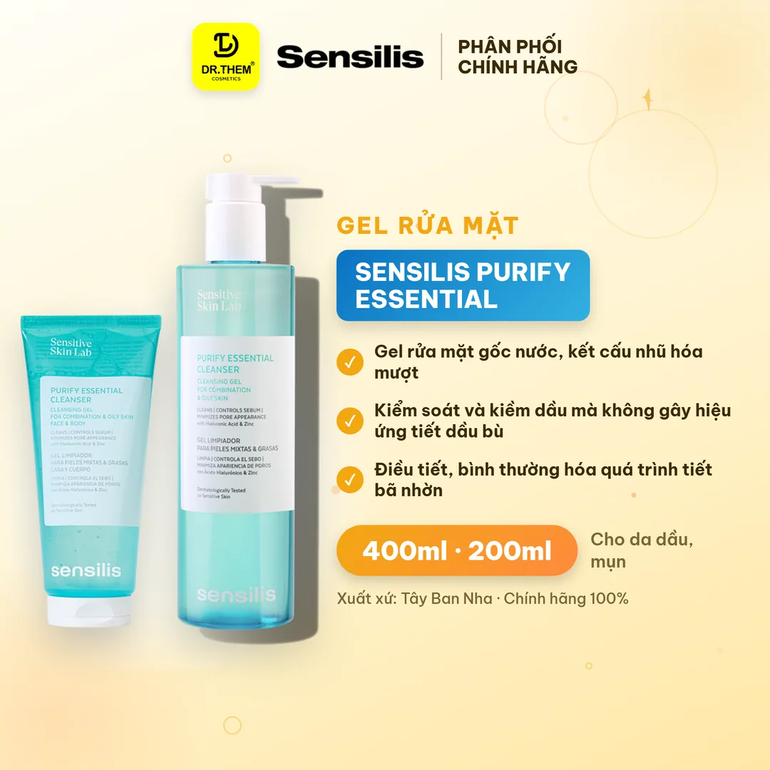 Gel Rửa Mặt Sensilis Purify Essential Cleanser Làm Sạch Sâu Kiểm Soát Nhờn Cho Da Dầu Mụn 100ml 200ml 400ml