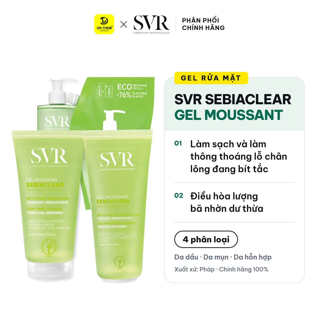 Gel Rửa Mặt SVR Sebiaclear Gel Moussant Không Xà Phòng Hỗ Trợ Giảm Mụn Kiềm Dầu Cho Da Dầu 55ml 200ml 400ml