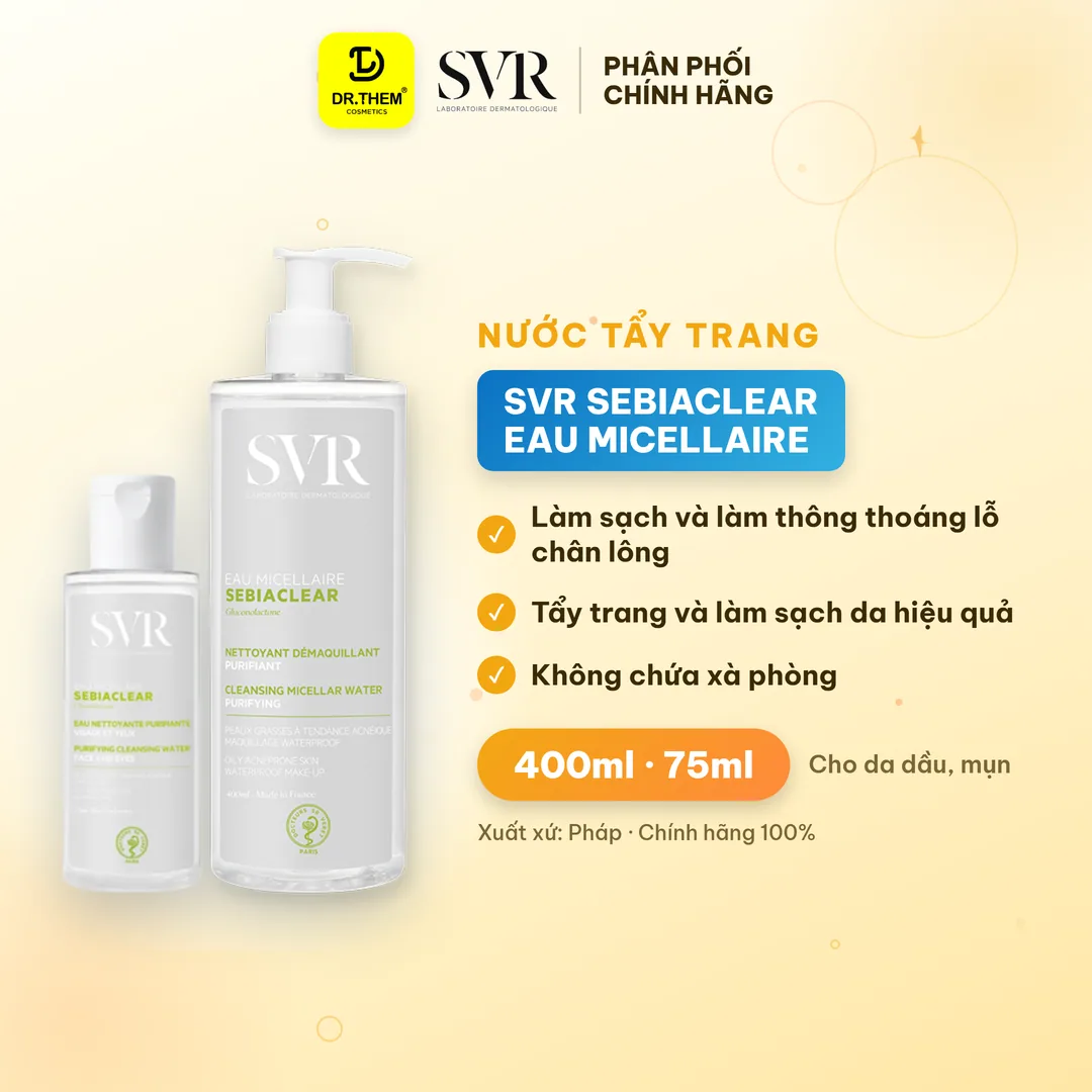 Nước Tẩy Trang SVR Sebiaclear Eau Micellaire Làm Sạch Kiềm Dầu Cho Da Hỗn Hợp Đến Da Dầu Mụn 75ml 400ml