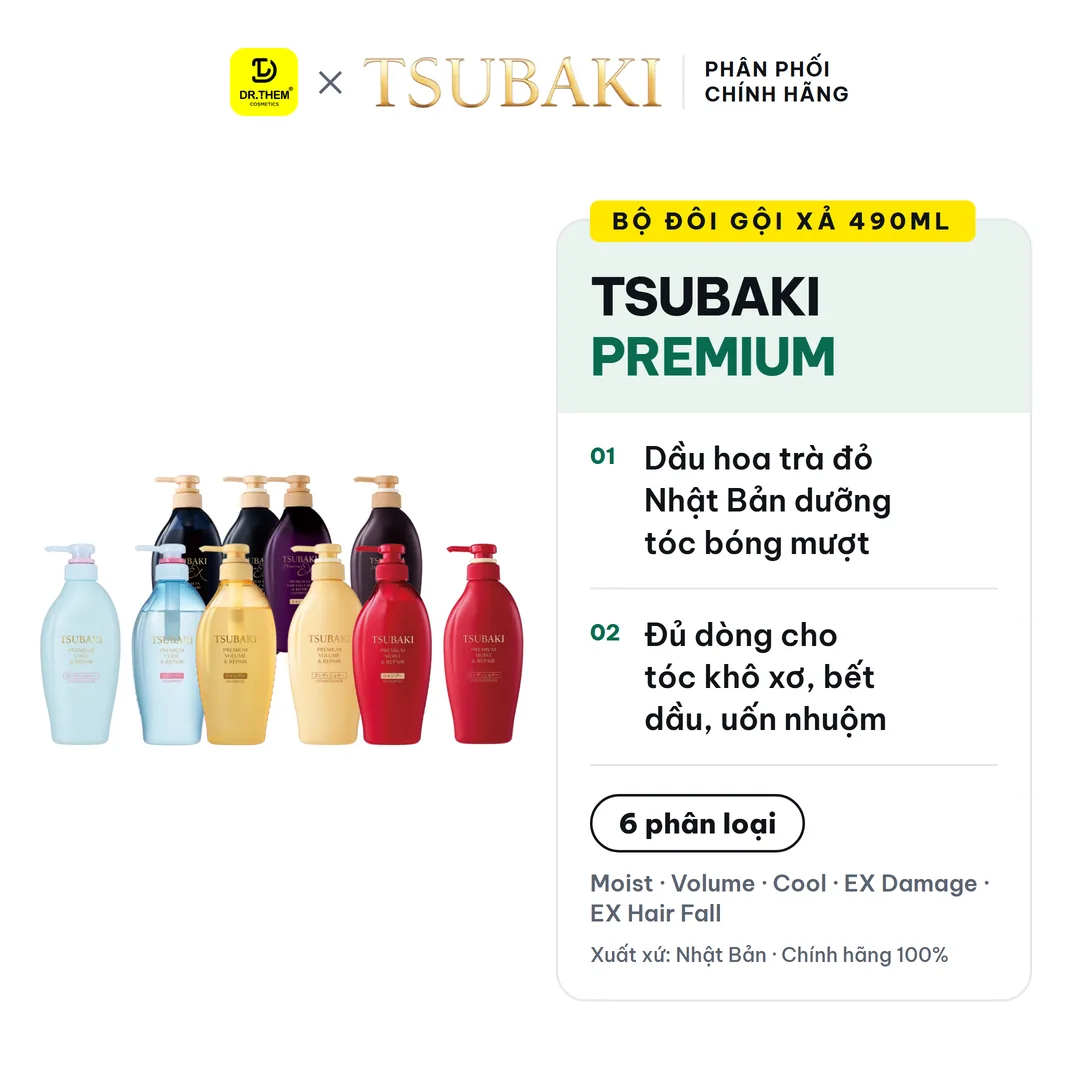 Bộ Đôi Gội Xả Tsubaki Premium Repair Phục Hồi Hư Tổn Chuyên Sâu Dưỡng Tóc Suôn Mượt Bóng Khỏe 490ml/Chai