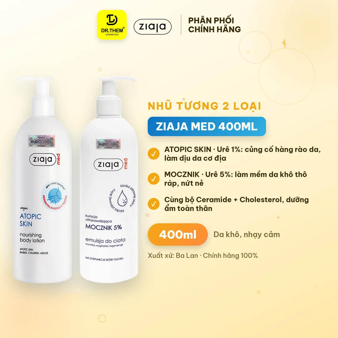 Nhũ Tương Dưỡng Thể Ziaja Med 400ml 2 Loại: Atopic Skin 1% Urê Cho Da Cơ Địa, Mocznik 5% Urê Cho Da Khô Thô Ráp 3