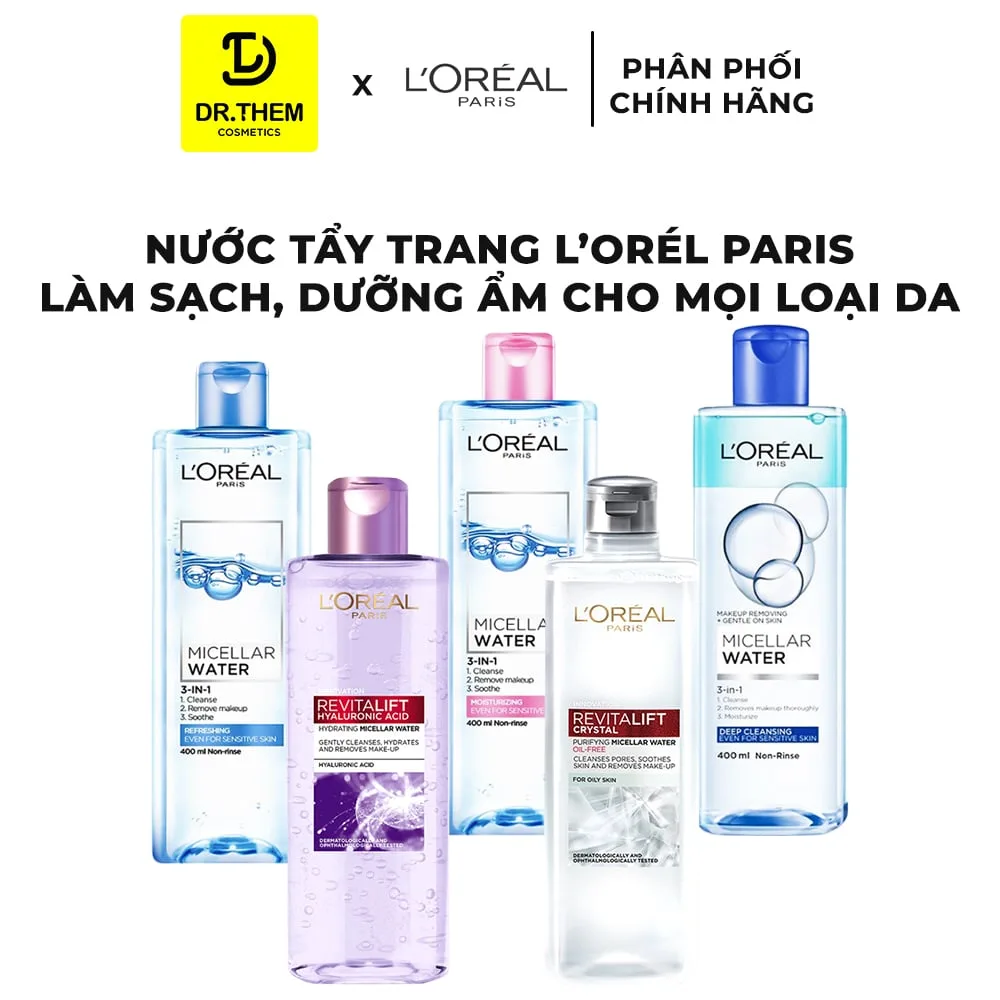 Nước Tẩy Trang L'Oreal Paris 3in1 Micellar Water Làm Sạch Sâu Dưỡng Ẩm Dịu Nhẹ Cho Mọi Loại Da 95ml/400ml