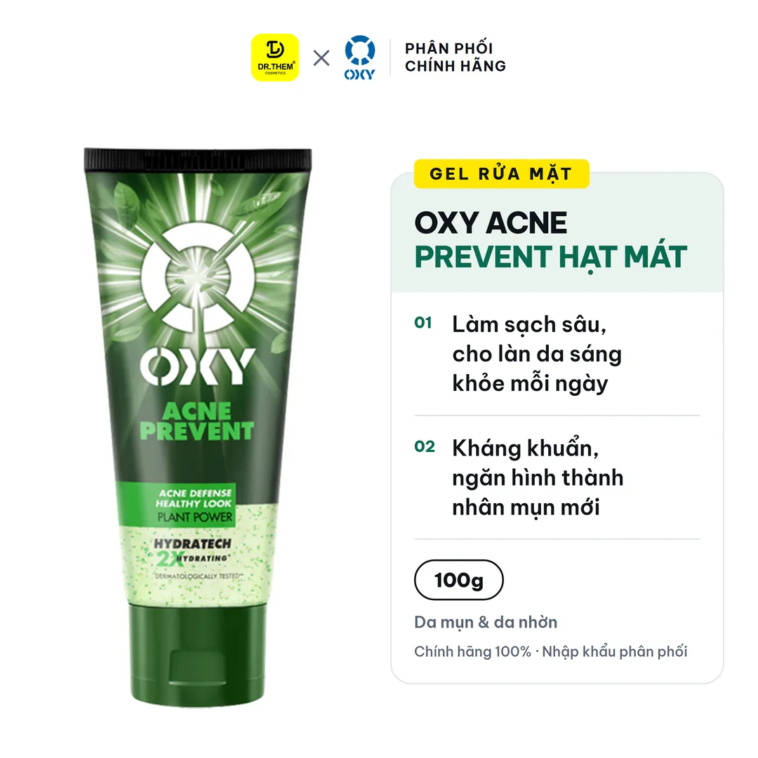 Gel Rửa Mặt OXY Acne Prevent Hạt Mát Xa Trà Xanh Làm Sạch Sâu Hỗ Trợ Ngừa Mụn Cho Da Mụn Da Nhờn 100g