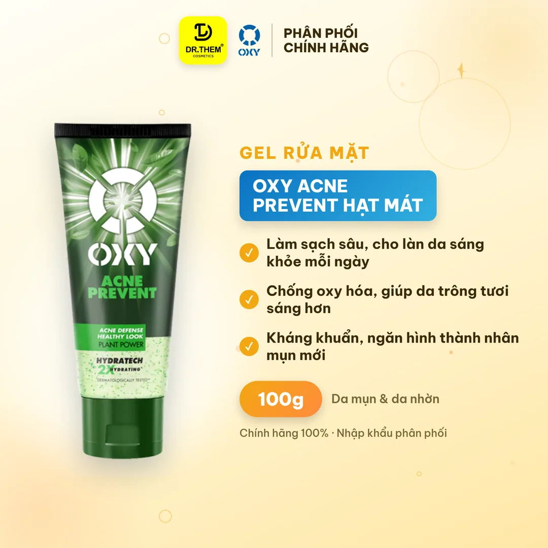 Gel Rửa Mặt OXY Acne Prevent Hạt Mát Xa Trà Xanh Làm Sạch Sâu Hỗ Trợ Ngừa Mụn Cho Da Mụn Da Nhờn 100g