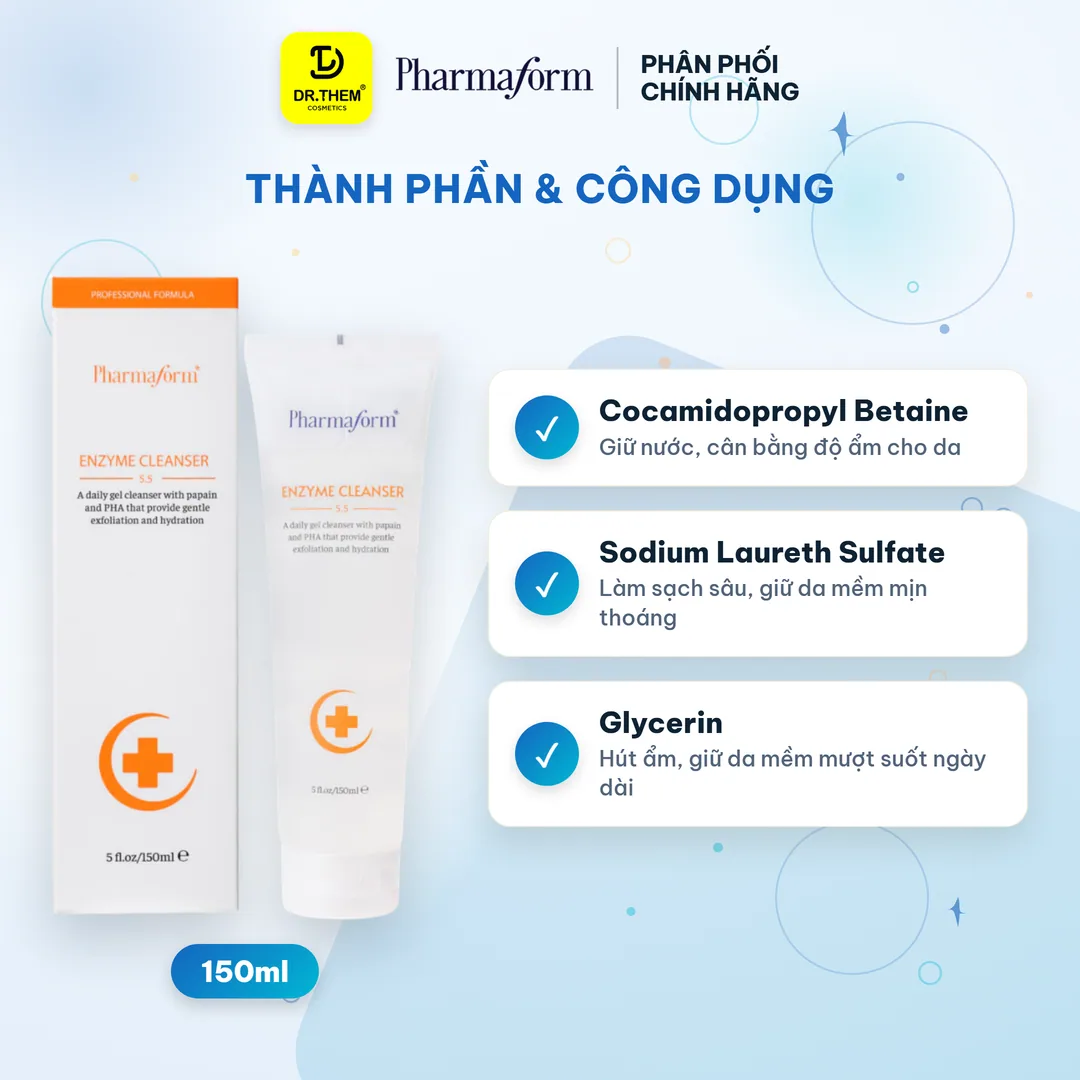 Gel Rửa Mặt Pharmaform Enzyme Cleanser Làm Sạch Dịu Nhẹ Tẩy Tế Bào Chết Cấp Ẩm Giảm Mẩn Đỏ Cho Da Mụn Da Khô Nhạy Cảm 150ml 3