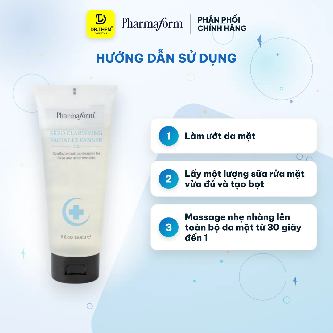 Sữa Rửa Mặt Pharmaform Sebo Clarifying Facial Cleanser Làm Sạch Sâu Loại Bỏ Bã Nhờn Cấp Ẩm Cho Da Dầu Mụn 150ml 6