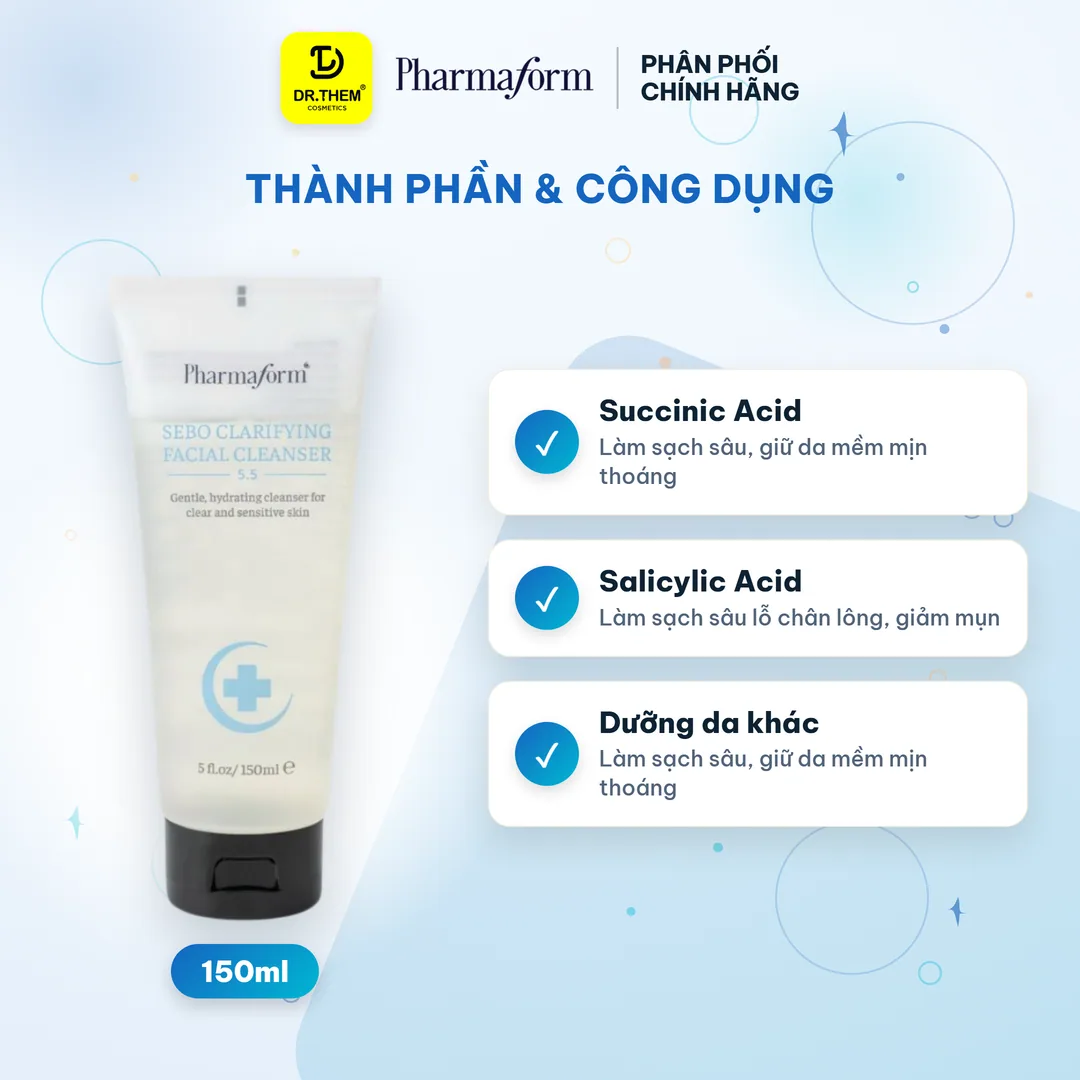 Sữa Rửa Mặt Pharmaform Sebo Clarifying Facial Cleanser Làm Sạch Sâu Loại Bỏ Bã Nhờn Cấp Ẩm Cho Da Dầu Mụn 150ml 5