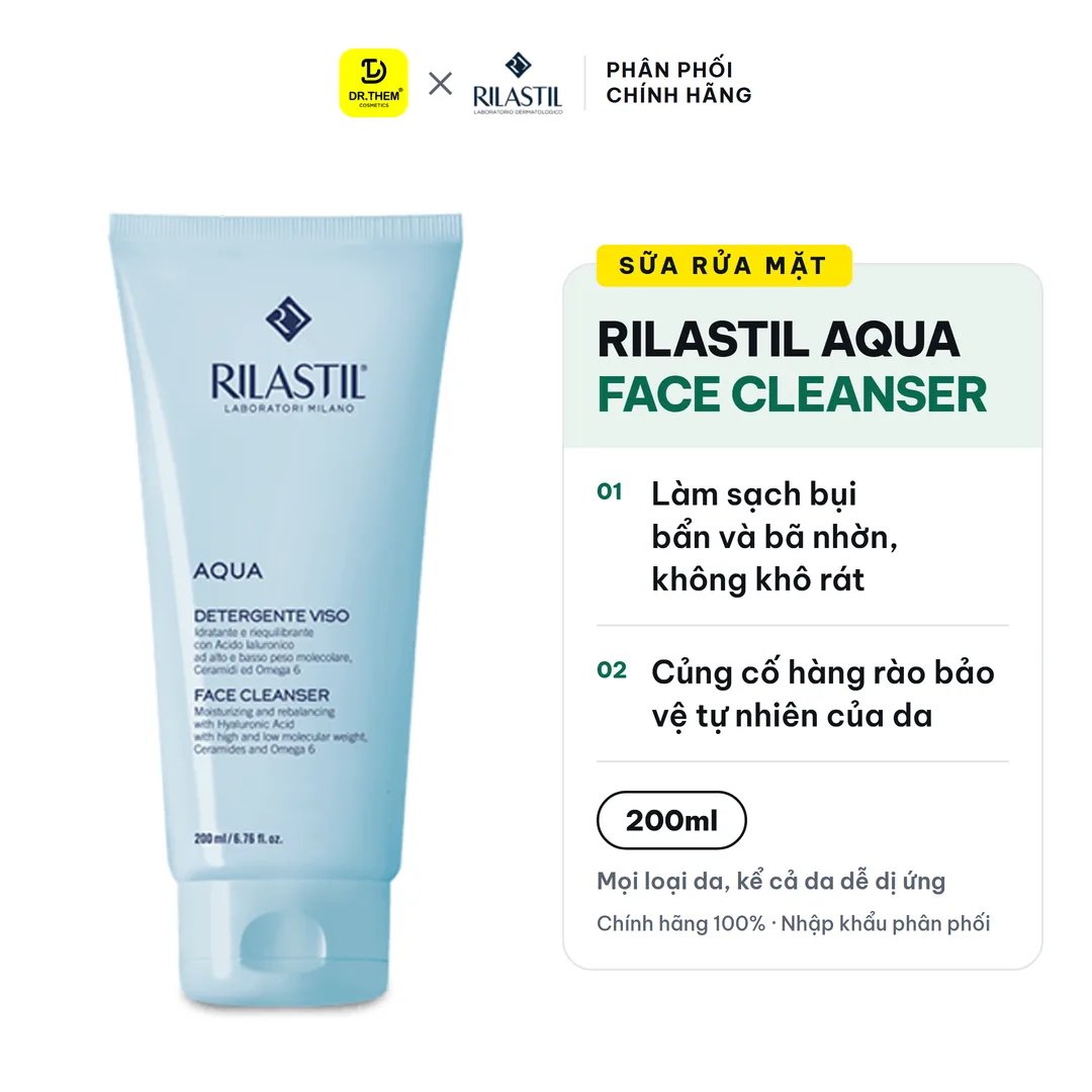 Sữa Rửa Mặt Dưỡng Ẩm Rilastil Aqua Face Cleanser Làm Sạch Dịu Nhẹ Bổ Sung Ceramide Cho Da Nhạy Cảm 200ml