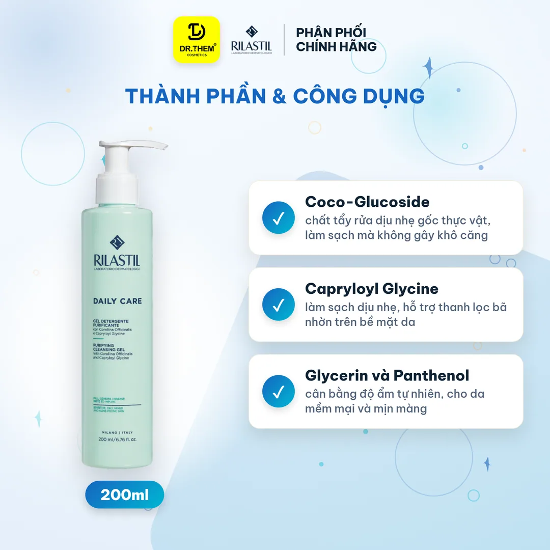 Gel Rửa Mặt Rilastil Daily Care Purifying Cleansing Gel Thanh Lọc Kiểm Soát Bã Nhờn Cho Da Dầu Hỗn Hợp 200ml 6