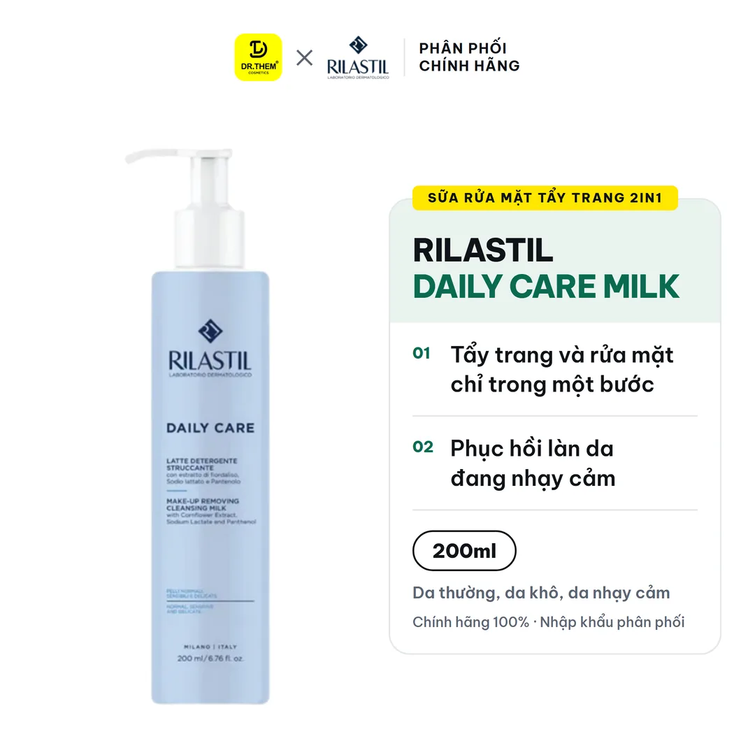 Sữa Rửa Mặt Tẩy Trang 2in1 Rilastil Daily Care Make Up Removing Cleansing Milk Làm Sạch Dịu Nhẹ Dưỡng Ẩm 200ml