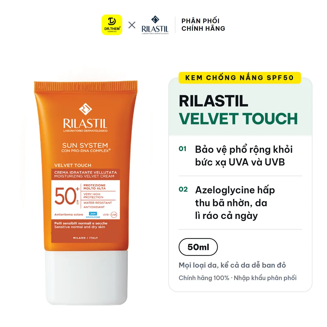 Kem Chống Nắng Cấp Ẩm Rilastil Sun System Velvet Touch Moisturizing Velvet Cream SPF 50+ Kiềm Dầu Che Khuyết Điểm 50ml