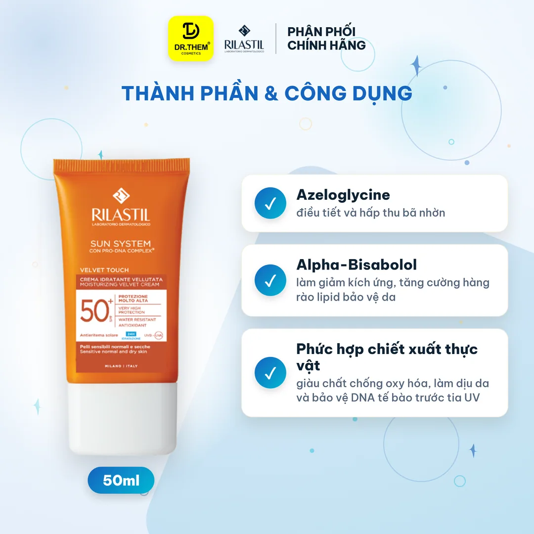 Kem Chống Nắng Cấp Ẩm Rilastil Sun System Velvet Touch Moisturizing Velvet Cream SPF 50+ Kiềm Dầu Che Khuyết Điểm 50ml 4