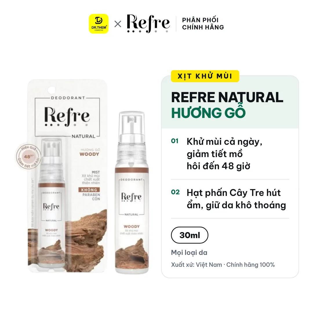 Xịt Khử Mùi Refre Natural Chiết Xuất Thiên Nhiên Hương Gỗ Khử Mùi Giảm Tiết Mồ Hôi 48H 30ml