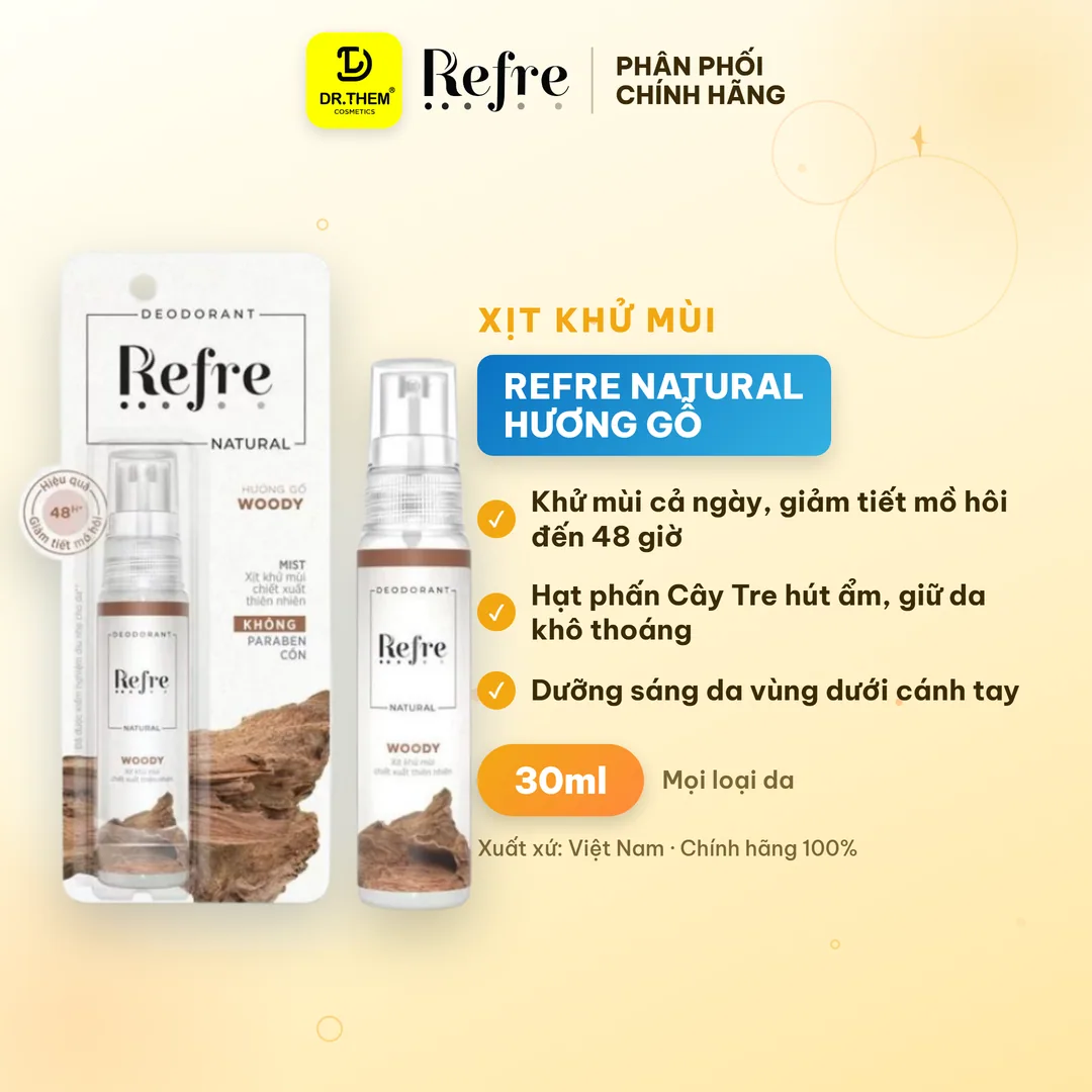 Xịt Khử Mùi Refre Natural Chiết Xuất Thiên Nhiên Hương Gỗ Khử Mùi Giảm Tiết Mồ Hôi 48H 30ml