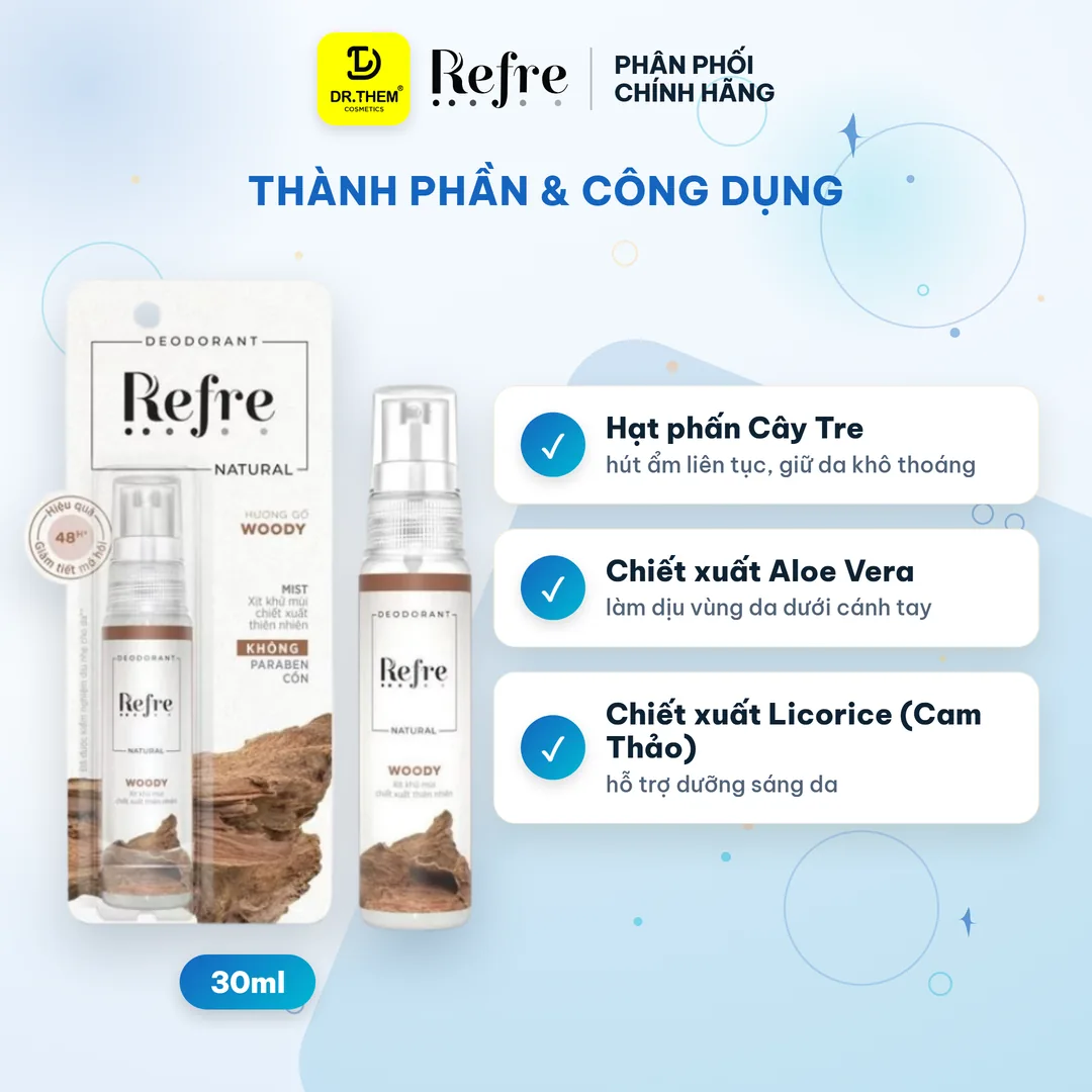 Xịt Khử Mùi Refre Natural Chiết Xuất Thiên Nhiên Hương Gỗ Khử Mùi Giảm Tiết Mồ Hôi 48H 30ml 2
