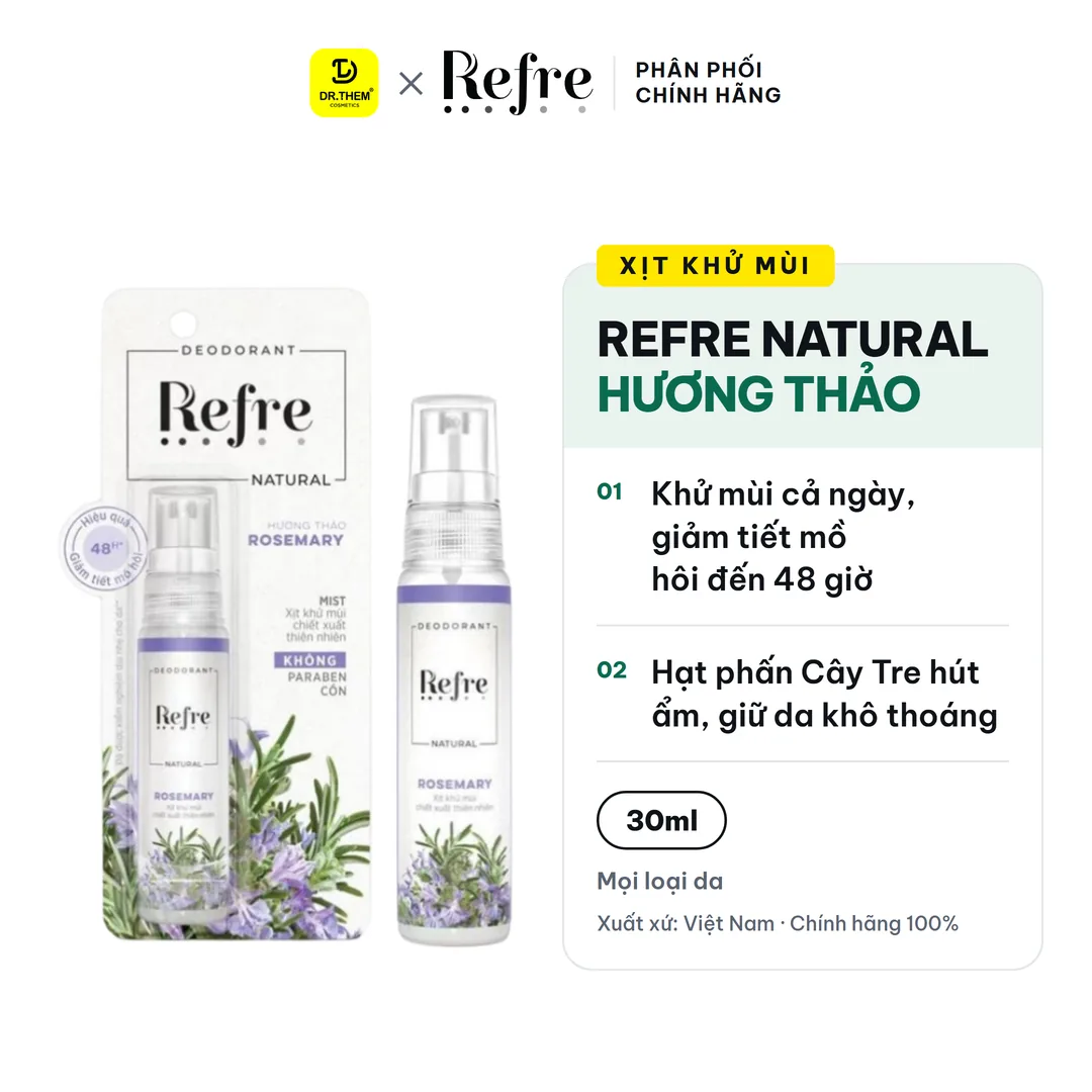 Xịt Khử Mùi Refre Natural Chiết Xuất Thiên Nhiên Hương Thảo Khử Mùi Giảm Tiết Mồ Hôi 48H 30ml