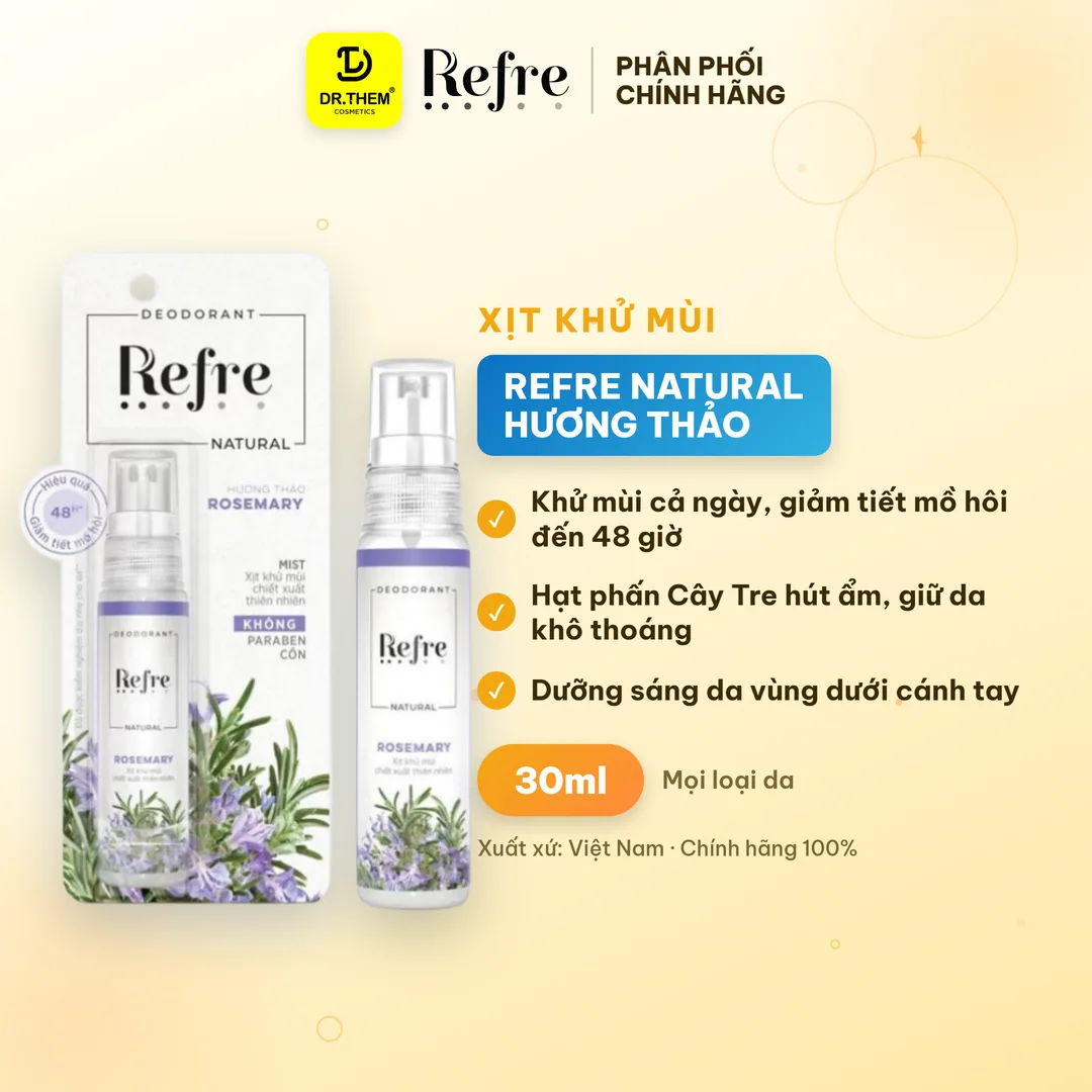 Xịt Khử Mùi Refre Natural Chiết Xuất Thiên Nhiên Hương Thảo Khử Mùi Giảm Tiết Mồ Hôi 48H 30ml