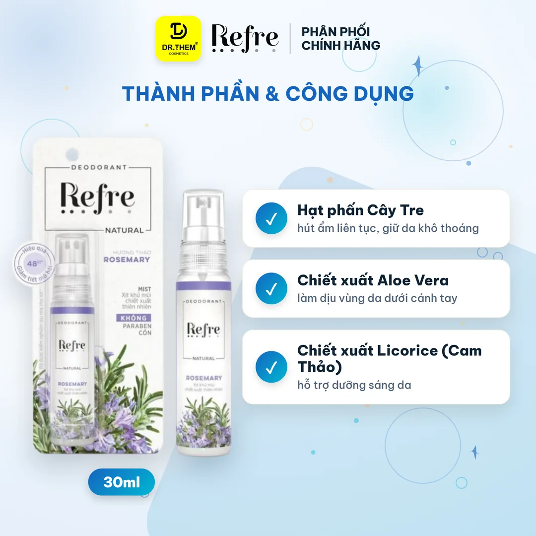 Xịt Khử Mùi Refre Natural Chiết Xuất Thiên Nhiên Hương Thảo Khử Mùi Giảm Tiết Mồ Hôi 48H 30ml 2
