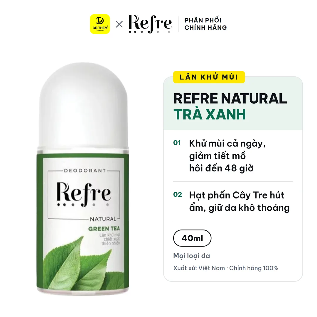 Lăn Khử Mùi Refre Natural Chiết Xuất Thiên Nhiên Khử Mùi Giảm Tiết Mồ Hôi 48H Dịu Nhẹ Không Cồn 40ml - Trà xanh