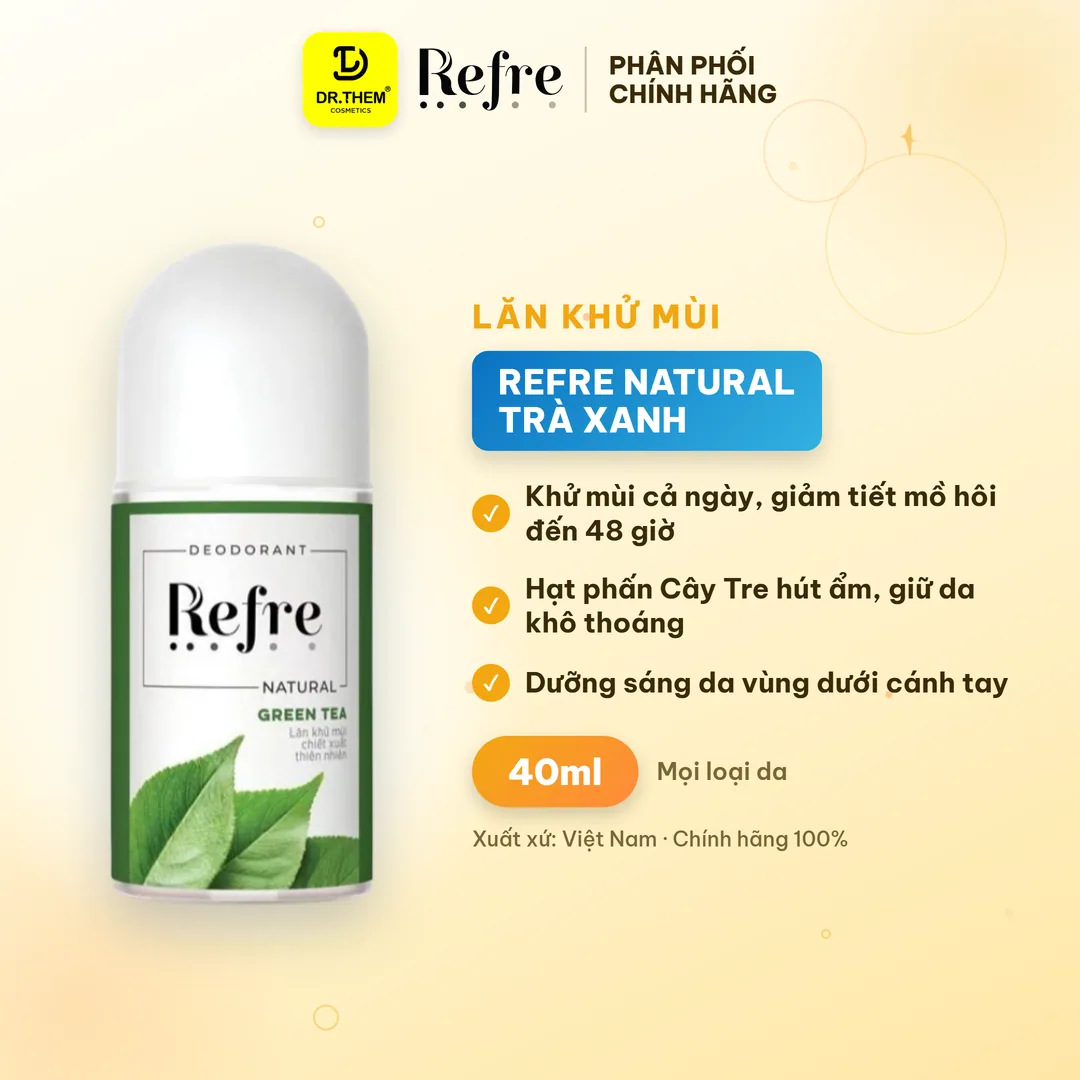 Lăn Khử Mùi Refre Natural Chiết Xuất Thiên Nhiên Khử Mùi Giảm Tiết Mồ Hôi 48H Dịu Nhẹ Không Cồn 40ml