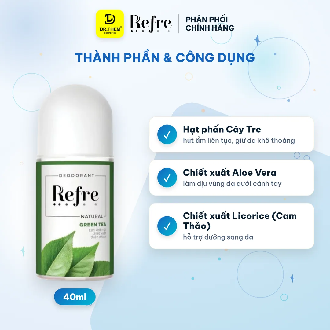 Lăn Khử Mùi Refre Natural Chiết Xuất Thiên Nhiên Khử Mùi Giảm Tiết Mồ Hôi 48H Dịu Nhẹ Không Cồn 40ml 2