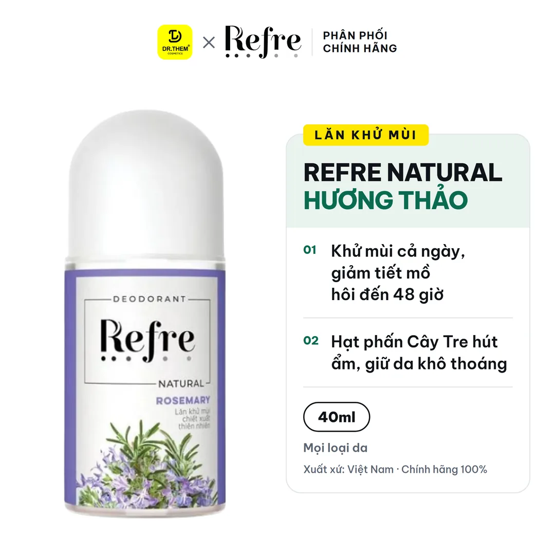 Lăn Khử Mùi Refre Natural Chiết Xuất Thiên Nhiên Hương Thảo Khử Mùi Giảm Tiết Mồ Hôi 48H 40ml