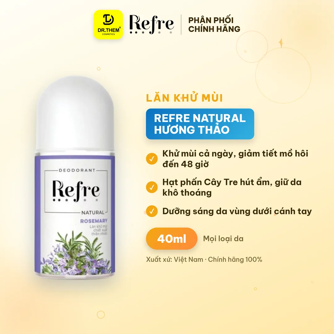 Lăn Khử Mùi Refre Natural Chiết Xuất Thiên Nhiên Hương Thảo Khử Mùi Giảm Tiết Mồ Hôi 48H 40ml