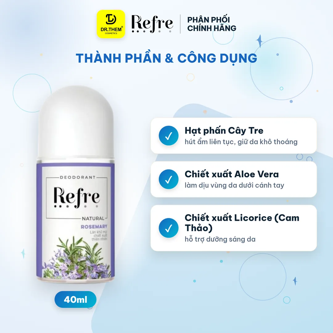 Lăn Khử Mùi Refre Natural Chiết Xuất Thiên Nhiên Hương Thảo Khử Mùi Giảm Tiết Mồ Hôi 48H 40ml 2